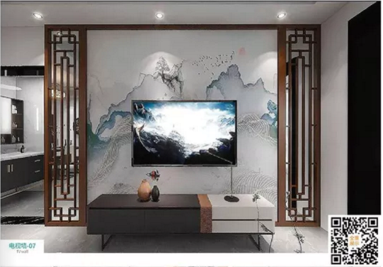 廠價(jià)新款鑫順來DQ-07掃碼中式格子電視墻，掃二維碼看裝修風(fēng)格